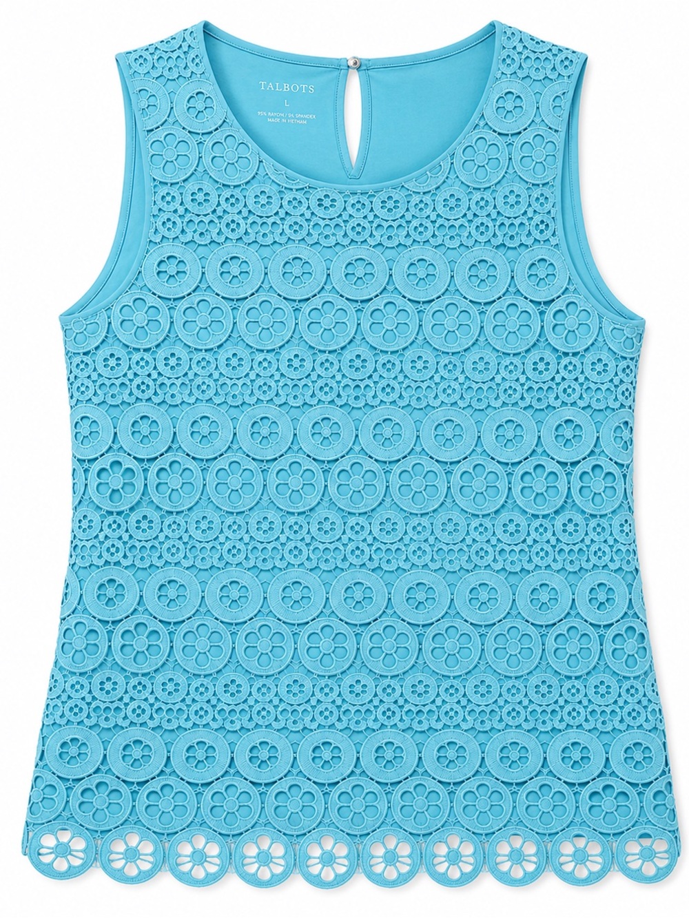 Talbots Aqua Floral Lace Sleeveless Scallop Hem Top Size L